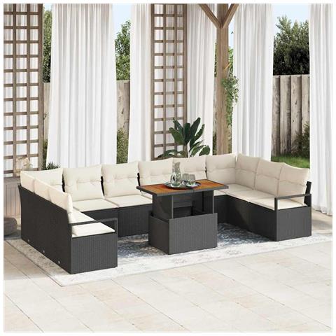 Set Divano da Giardino 11 Pezzi con Cuscini Rattan Nero Poliestere Acacia, Set Divano da Giardino 2 Posti con Cuscini Rattan Nero Poliestere - Foto 2