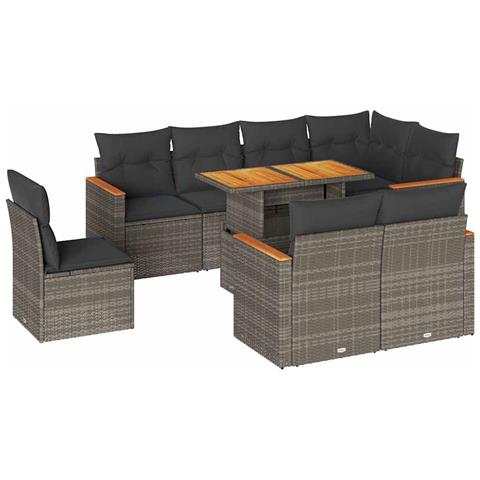 Set Divano da Giardino 9pz con Cuscini Grigio Polyrattan Acacia - Foto 1