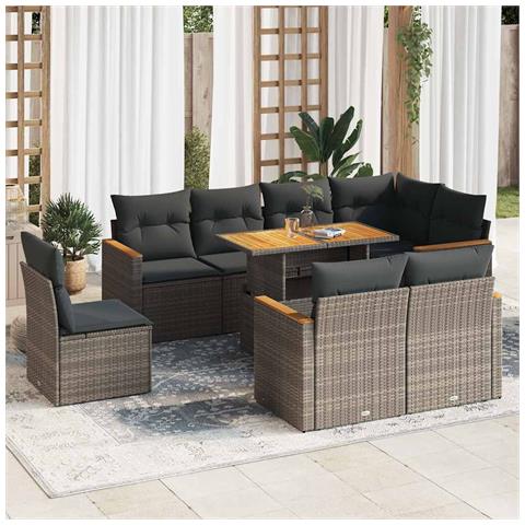 Set Divano da Giardino 9pz con Cuscini Grigio Polyrattan Acacia - Foto 2