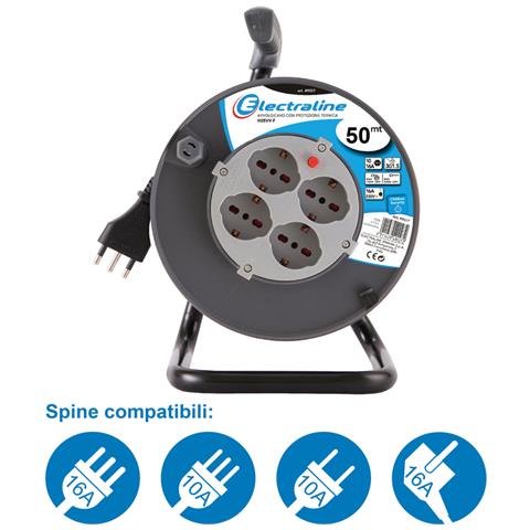 49028 Avvolgicavo 50 Mt, 4 Prese Polivalenti (schuko + 10/16a) , Spina 16a, Con Protezione, Nero - Sezione Cavo 3g1,5 Mm² - Foto 2