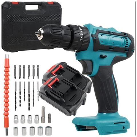 Kit Trapano Avvitatore con Percussione Completo di Punte, Bussole, 2x Batterie Ioni di Litio, Carica Batterie e Valigetta - Foto 1