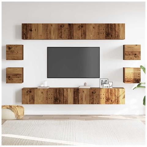 Set Mobile Tv 8 Pz Montato A Parete Legno Antico In Truciolato - Foto 3