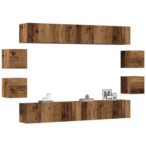 Set Mobile Tv 8 Pz Montato A Parete Legno Antico In Truciolato - Foto 1