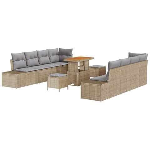 Set di Divano da Giardino in 11 Pezzi con Cuscini Beige Polirattan Acacia, Divano da Giardino in 2 Posti con Cuscini Beige Polirattan, Set da Pranzo in 3 Pezzi con Cuscini Beige Polirattan Acacia - Foto 1
