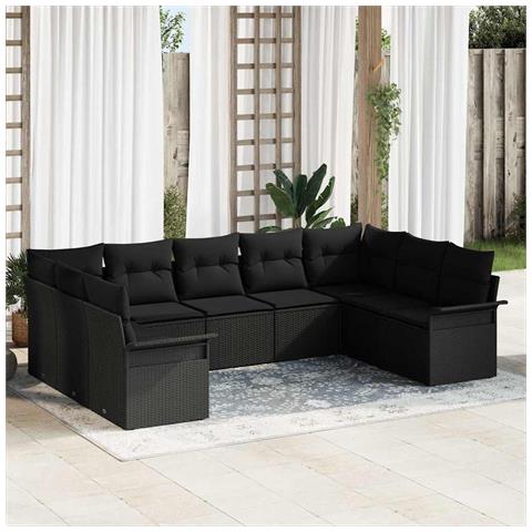 Set Divano da Giardino 9 Pezzi con Cuscini Nero Polyrattan, Divano da Giardino a 2 Posti con Ripostiglio e Cuscini Nero Polyrattan - Foto 2