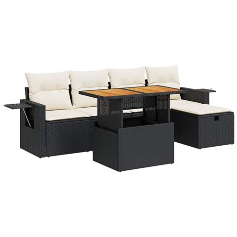 Set Divano da Giardino 6 pz con Cuscini Nero Polyrattan Acacia - Foto 1