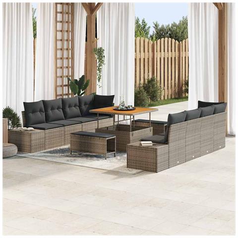 Set di divano da giardino in 11 pezzi con cuscini grigi in polyrattan acacia,  Divano da giardino in 2 pezzi con cuscini grigi in polyrattan,  Set da pranzo in 3 pezzi con cuscini grigi in polyrattan acacia - Foto 2