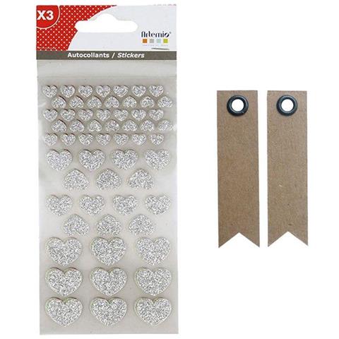 Adesivi Cuori Con Glitter X 174 - Argento-bianco-rosso + 20 Etichette Kraft Con Gagliardetto - Foto 1