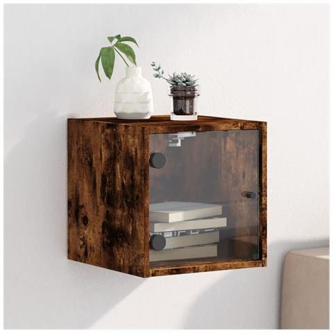 Comodino Con Anta In Vetro Rovere Fumo 35x37x35 Cm - Foto 1