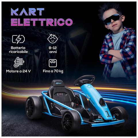 Go-Kart Elettrico per Bambini 8-12 Anni con Schienale Alto e Cintura di Sicurezza, 115x77x54 cm, Blu e Nero - Foto 2