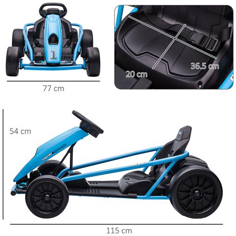 Go-Kart Elettrico per Bambini 8-12 Anni con Schienale Alto e Cintura di Sicurezza, 115x77x54 cm, Blu e Nero - Foto 6