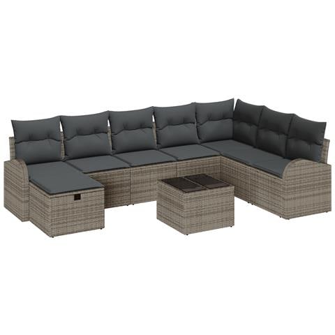 Set da giardino 9 pezzi con cuscini grigi in polirattan - Foto 1