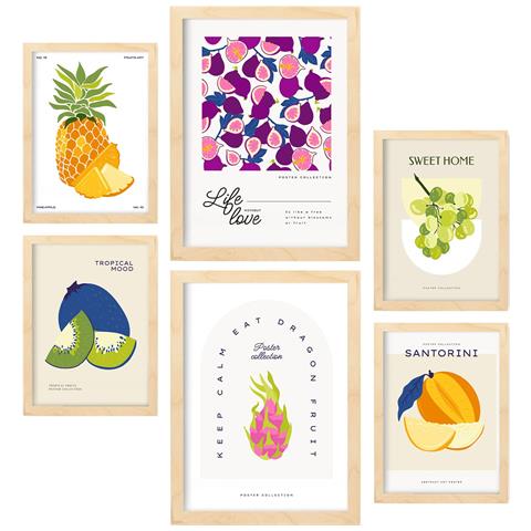 Set Di 6 Stampe Cibo E Nutrizione Frutta Dolce Natura E Nutrizione Per L'interior Design A3 & A4 Telaio In Legno Chiaro - Foto 1