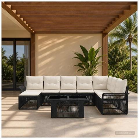 Set Divano da Giardino 9 pz Nero e Bianco Crema polyrattan - Foto 2