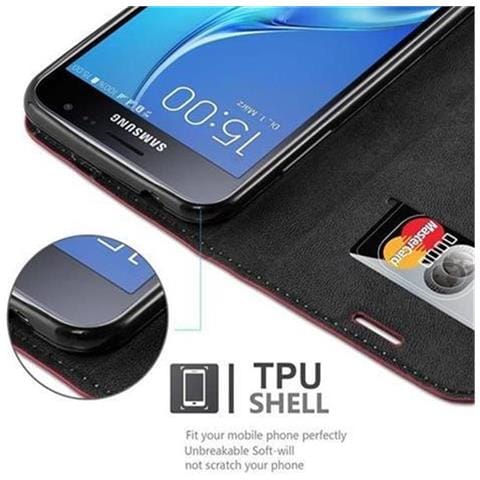 Custodia Compatibile Con Samsung Galaxy J3 / J3 Duos 2016 In Rosso Mela - Coperchio Protettiva Con Chiusura Magnetica, Funzione Stand E Tasca Per Le Carte - Foto 2