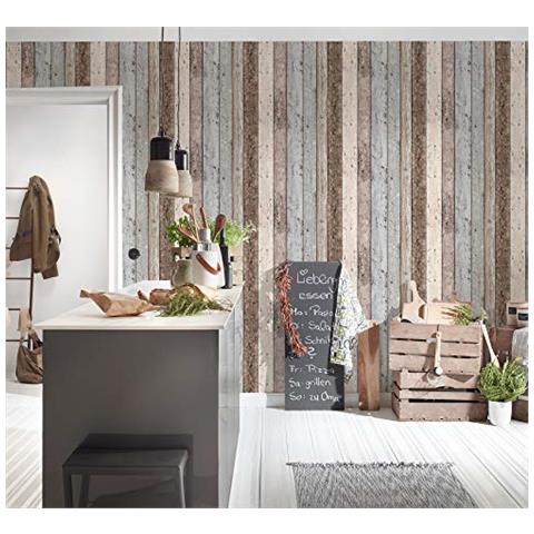 855039 - Carta Da Parati New England In Simil Legno, Colore: Blu / marrone / crema - Foto 2