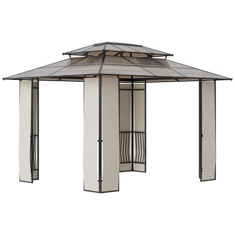 Gazebo Da Giardino 3.7x3m Con Tetto In Policarbonato A 2 Livelli, Acciaio E Alluminio, Marrone - Foto 1