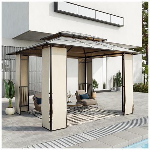 Gazebo Da Giardino 3.7x3m Con Tetto In Policarbonato A 2 Livelli, Acciaio E Alluminio, Marrone - Foto 2