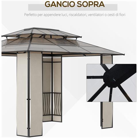 Gazebo Da Giardino 3.7x3m Con Tetto In Policarbonato A 2 Livelli, Acciaio E Alluminio, Marrone - Foto 6