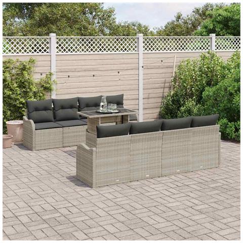 Set da Giardino 9 Pezzi con Cuscini Grigio Chiaro in Rattan Polietilene, Divano da Giardino per 2 Persone con Cuscini Grigio Chiaro in Rattan Polietilene - Foto 2