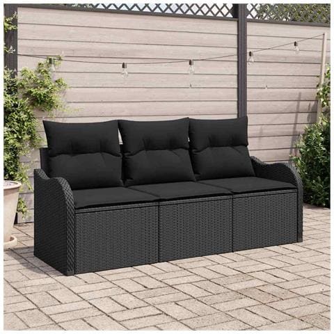 Set di Divani da Giardino da 3 Pezzi con Cuscini Nero in Polyrattan - Foto 2