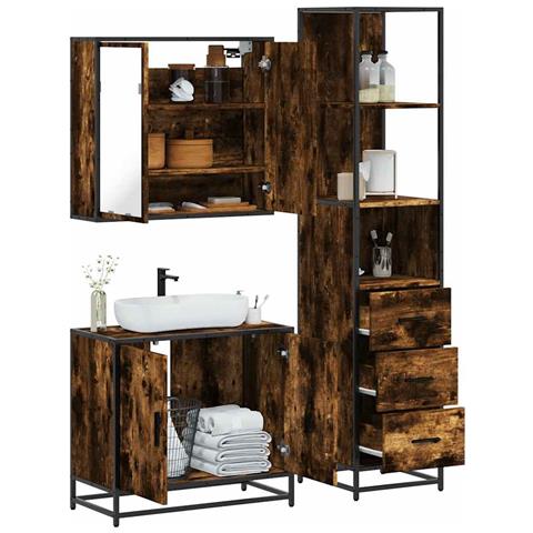 Set Mobili da Bagno 3 pz Rovere Fumo in Legno Multistrato - Foto 2