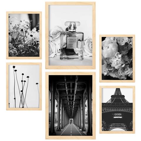 Set Di 6 Stampe Immagini Di Parigi, Stampe Artistiche Da Parete, Poster, Decorazioni, Design D'interni, Galleria D'arte A3 & A4 Telaio In Legno Chiaro - Foto 1