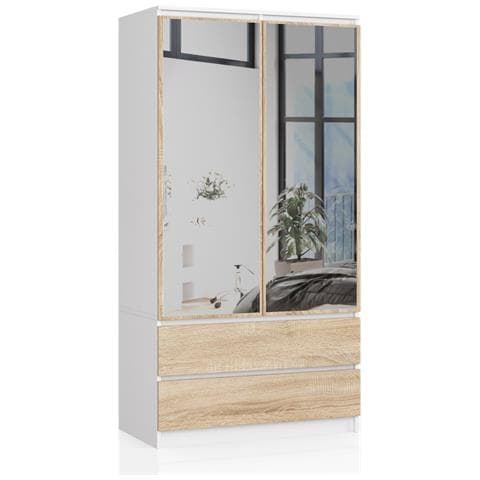 Armadio A 2 Ante Battenti E Cassetti S90 con specchio, 90x51x180 cm, Colore Bianco e Sonoma Quercia - Foto 1