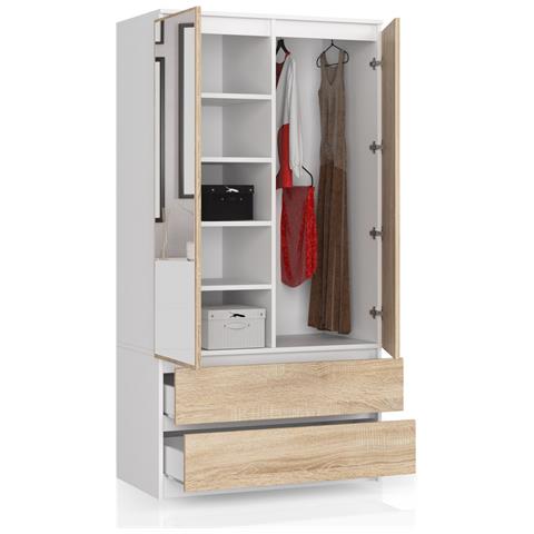 Armadio A 2 Ante Battenti E Cassetti S90 con specchio, 90x51x180 cm, Colore Bianco e Sonoma Quercia - Foto 2
