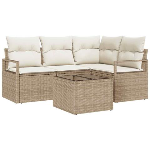 Set di divani da giardino  5 pezzi con cuscini in polyrattan marrone, Divano da giardino 2 posti  con cuscini beige in polyrattan - Foto 1