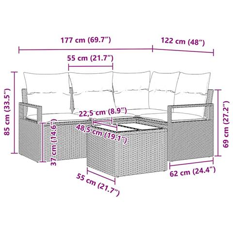 Set di divani da giardino  5 pezzi con cuscini in polyrattan marrone, Divano da giardino 2 posti  con cuscini beige in polyrattan - Foto 9