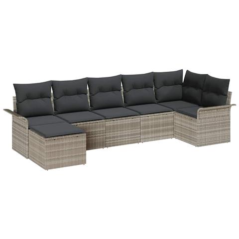 Set di Divani da Giardino 7 Pezzi con Cuscini Grigio Chiaro in Rattan Poliestere, Divano da Giardino 2 Posti con Contenitore e Cuscini Grigio Chiaro in Rattan Poliestere - Foto 1