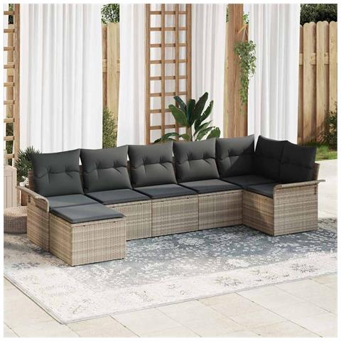 Set di Divani da Giardino 7 Pezzi con Cuscini Grigio Chiaro in Rattan Poliestere, Divano da Giardino 2 Posti con Contenitore e Cuscini Grigio Chiaro in Rattan Poliestere - Foto 2