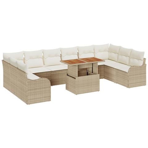 Set Divano da Giardino da 11 Pezzi con Cuscini Beige in Polyrattan e Acacia, Divano da Giardino a 2 Posti con Cuscini Beige in Polyrattan - Foto 1