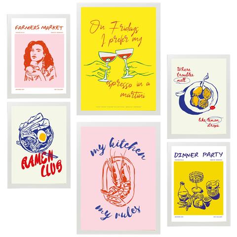 Set Di 6 Stampe Illustrazioni Decorative Di Cibo E Vino In Stile Pop Art Incorniciate Con Illustrazioni A3 & A4 Cornice Bianca - Foto 1
