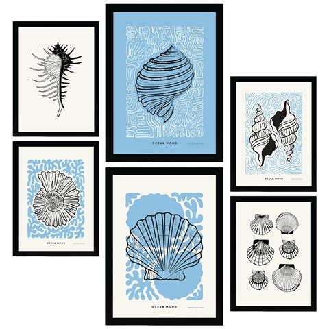 Set Di 6 Stampe Stampe Artistiche Di Iris Con Inchiostro Nero Raffiguranti Mare E Oceano Per L'interior Design A3 & A4 Cornice Nera - Foto 1