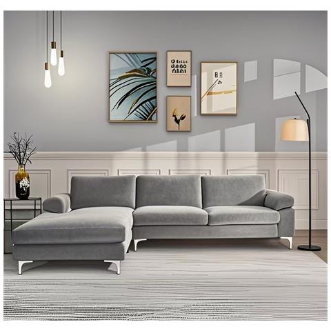 Galway Divano Ad Angolo Sinistro 4/5 Posti In Velluto Grigio - Foto 7