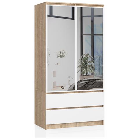 Armadio A 2 Ante Battenti E Cassetti S90 con specchio, 90x51x180 cm, Colore Sonoma Quercia e Bianco - Foto 1