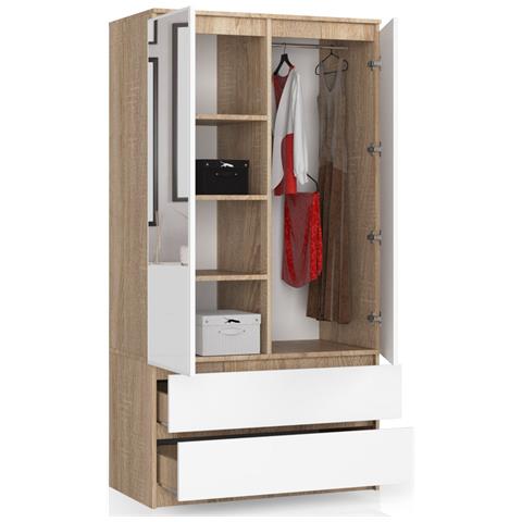 Armadio A 2 Ante Battenti E Cassetti S90 con specchio, 90x51x180 cm, Colore Sonoma Quercia e Bianco - Foto 2