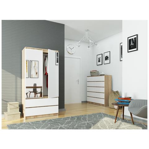 Armadio A 2 Ante Battenti E Cassetti S90 con specchio, 90x51x180 cm, Colore Sonoma Quercia e Bianco - Foto 5