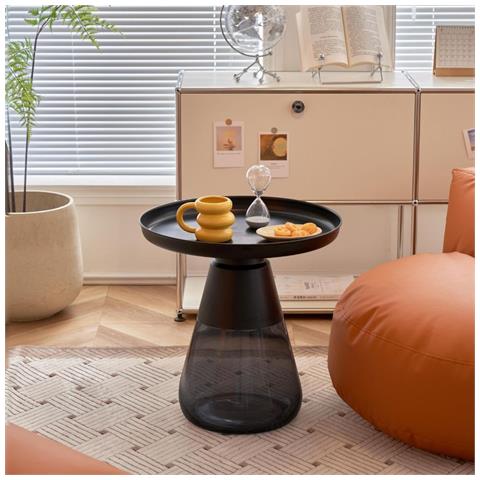 Tavolino Tiglio Con Base In Vetro Temperato E Piano In Ferro Colore Nero D 60 X H 43 Cm. - Foto 1