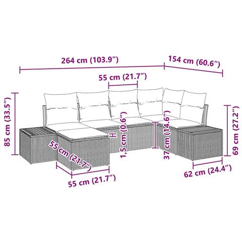 Set divano da giardino 6 pezzi con cuscini - Rattan poliestere beige - Foto 9