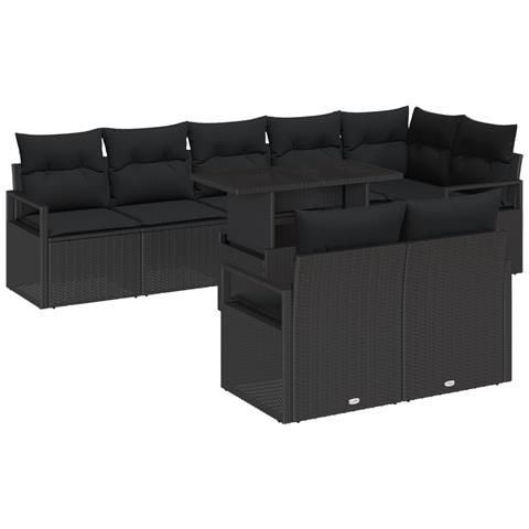 Set Divano da Giardino 9 Pezzi con Cuscini Nero Polyrattan, Divano da Giardino 2 Posti con Cuscini Nero Polyrattan - Foto 1