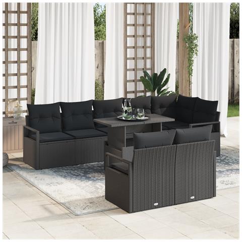 Set Divano da Giardino 9 Pezzi con Cuscini Nero Polyrattan, Divano da Giardino 2 Posti con Cuscini Nero Polyrattan - Foto 2