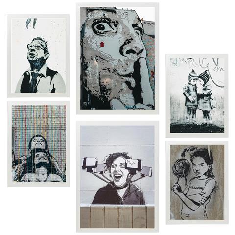 Set Di 6 Stampe Stencil Decorativi Per Pittura, Graffiti, Street Art, Murales A Colori, Illustrazioni A3 & A4 Cornice Bianca - Foto 1