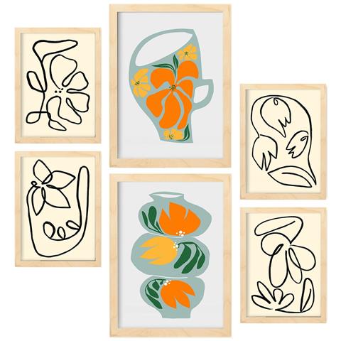 Set Di 6 Stampe Vaso Demolito Con Fiori, Dipinti Decorativi Estetici Astratti Per Il Tuo Soggiorno Di Casa A3 & A4 Telaio In Legno Chiaro - Foto 1