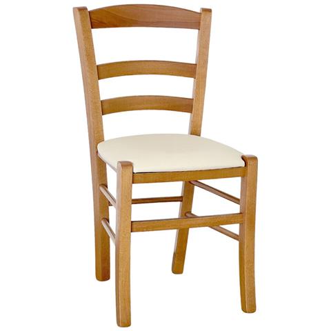 Sedia Paesana In Legno Noce Chiaro Con Seduta Imbottita In Similpelle Beige - Foto 1