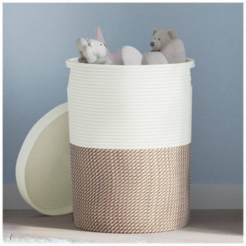 Cestino Portaoggetti Coperchio Marrone E Bianco 37x50cm Cotone - Foto 1