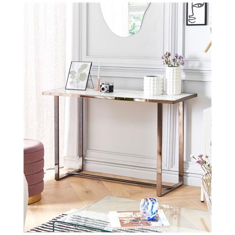 Tavolino Consolle Plano Vetro Temperato Marmo Bianco - Foto 8