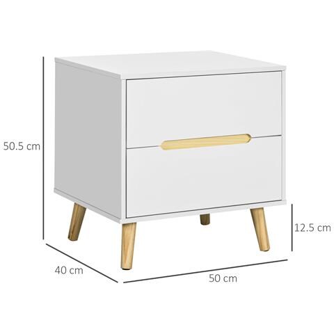 Comodino Moderno Con 2 Cassetti In Truciolato E Gambe In Legno Di Pino, 50lx40px50.5a Cm, Bianco - Foto 2